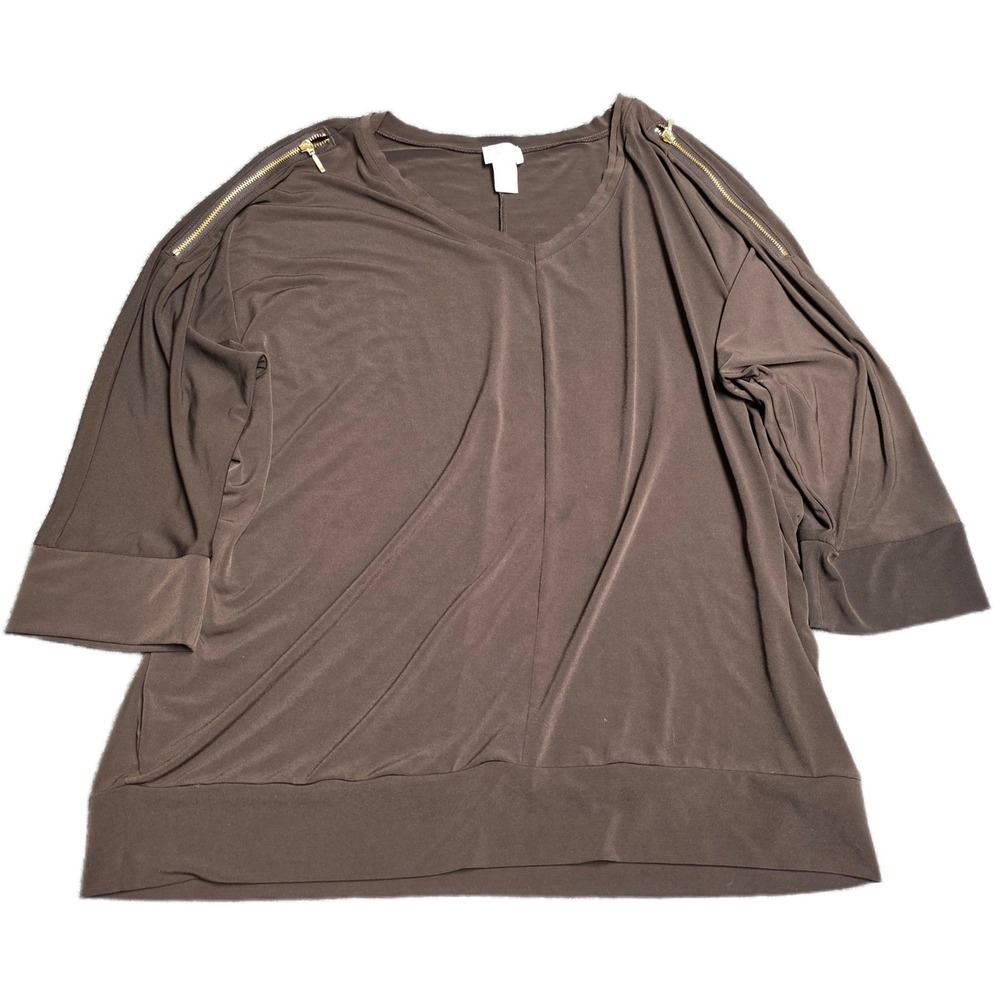 Chico's V-Neck Shoulder Zipper Tunic Women's Size 3 Brown Three Quarter Sleeve
